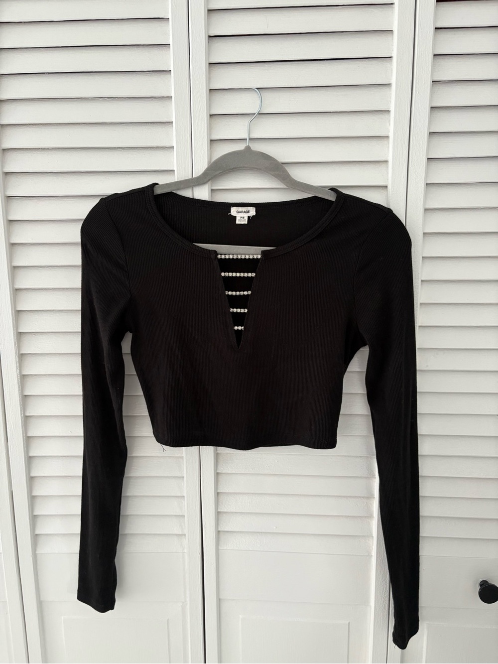 Garage Black Long-Sleeve Cropped Top with Rhinestone-Trim V-Notch